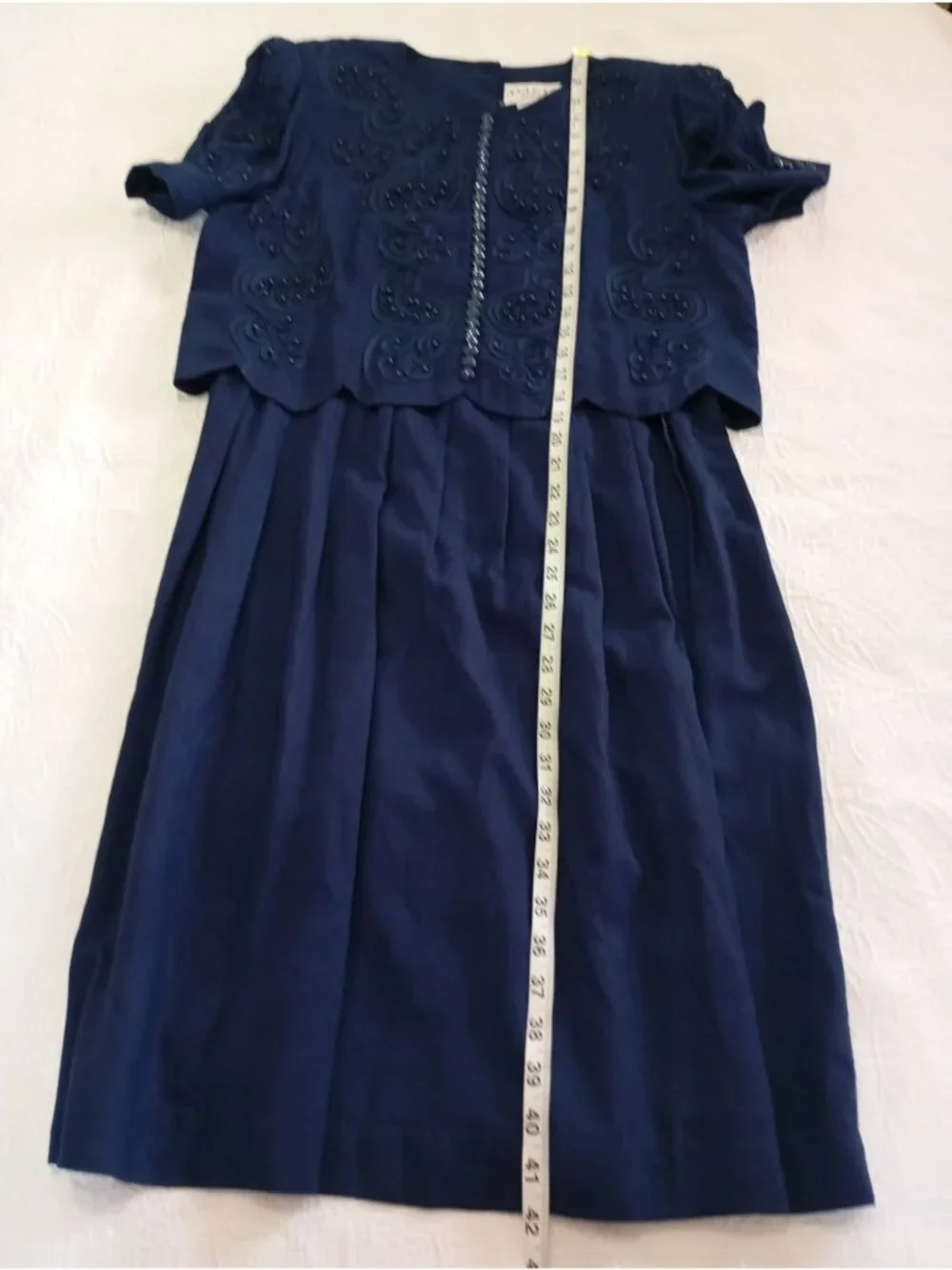 Vintage Plaza South Petites Navy Blue Embellished Dress Button Details Size 12